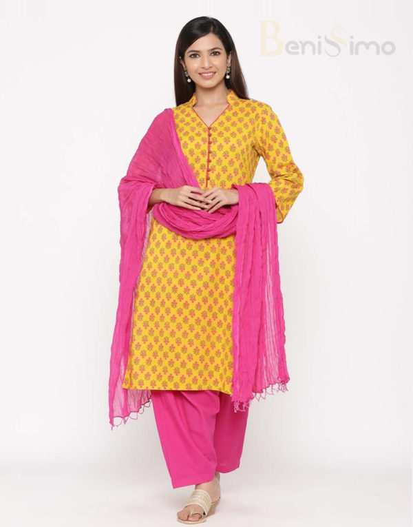 Floral Print Straight Yellow Kurta