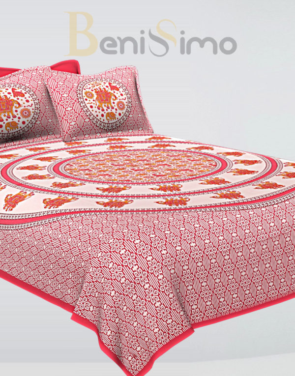 King Size Bedsheet Pink Border Circle Elephant Pattern Screen Print